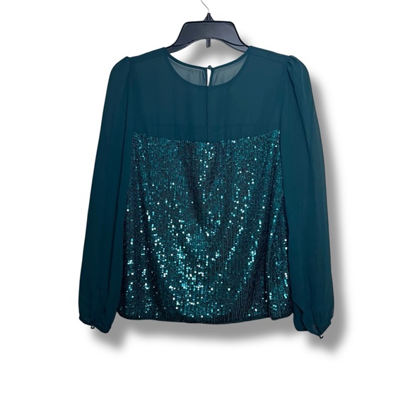 Vince Camuto women’s green sequin and mesh long-sleeve blouse - Picture 2 of 4